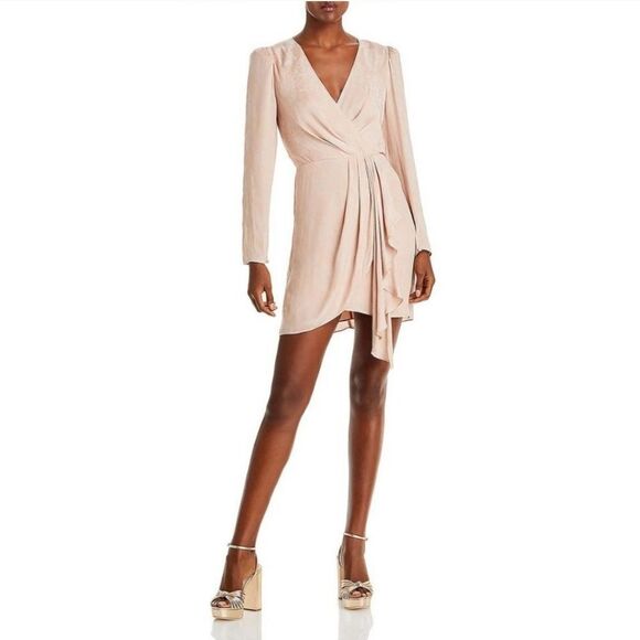 BCBGMAXAZRIA Blush Pink Floral Print Long Sleeve Faux Wrap Dress Size 2 - Picture 3 of 11